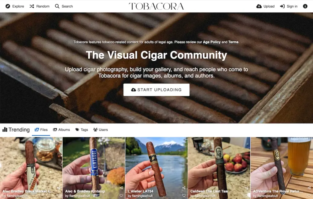 Tobacora homepage showing the main hero section and trending cigar photo gallery.