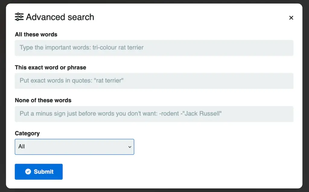 Tobacora advanced search panel with multiple search fields visible.