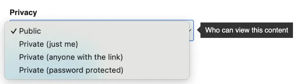 Album settings screen in Tobacora showing privacy options for an album.