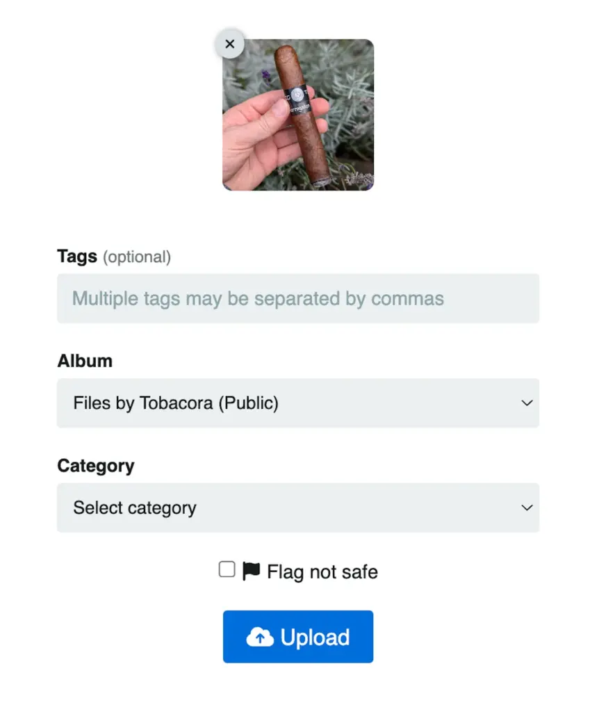 Upload form in Tobacora showing fields for tags, album selection, and category.
