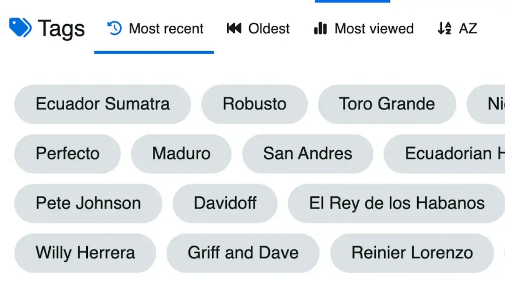 Tobacora tags page showing a list of tags and related photo results.