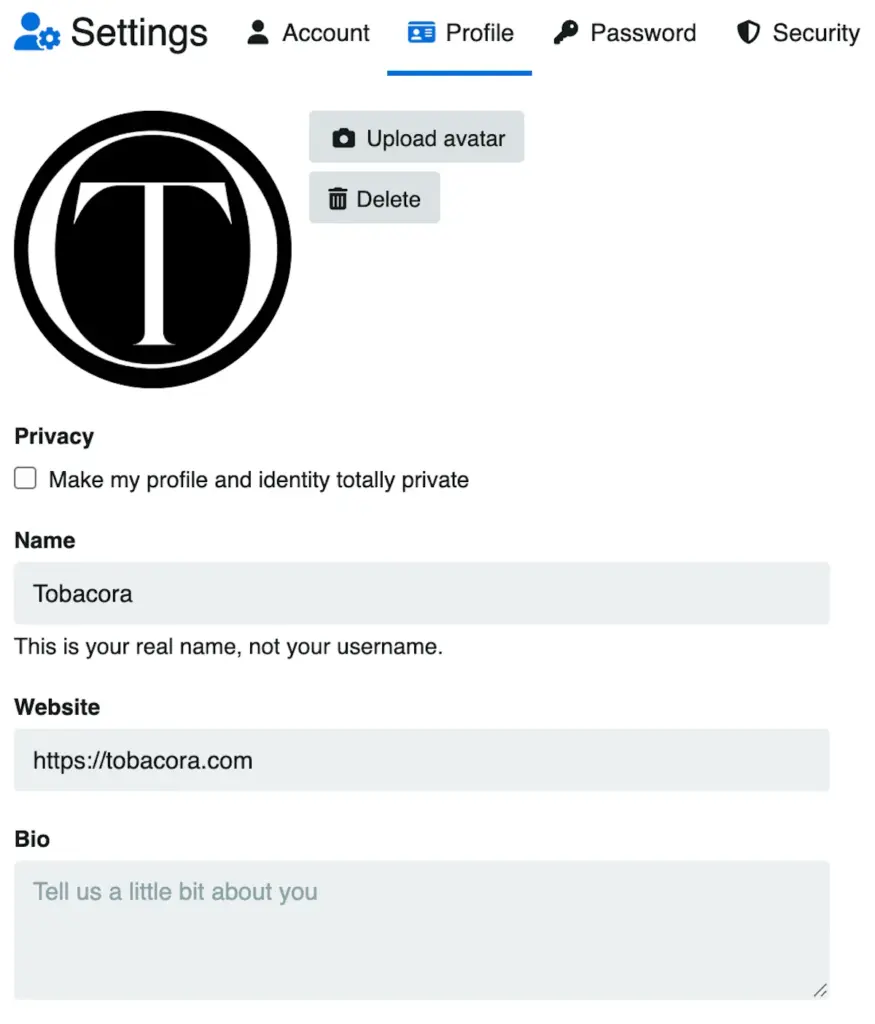 Tobacora profile settings showing options for avatar, bio, website link, and background image.
