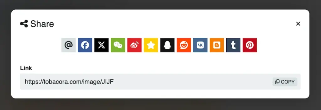 Share option on a Tobacora photo page with sharing tools visible.
