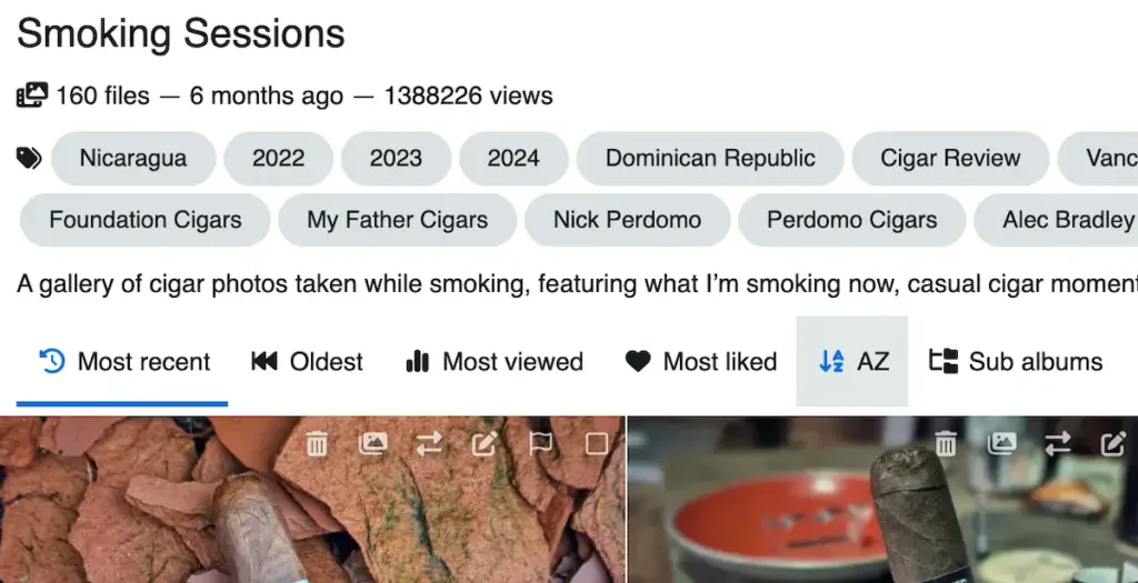 Tobacora album page displaying title, file count, description, and album images.