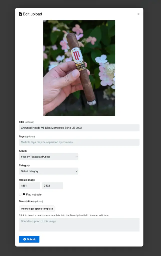 Tobacora image edit window showing title, tags, album, category, and description fields.