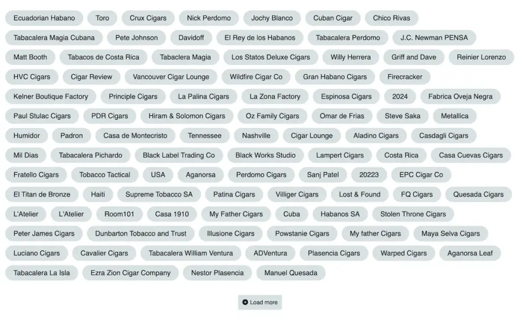 Tobacora image entry with tags used to describe cigar brand, line, wrapper, factory, and related details.