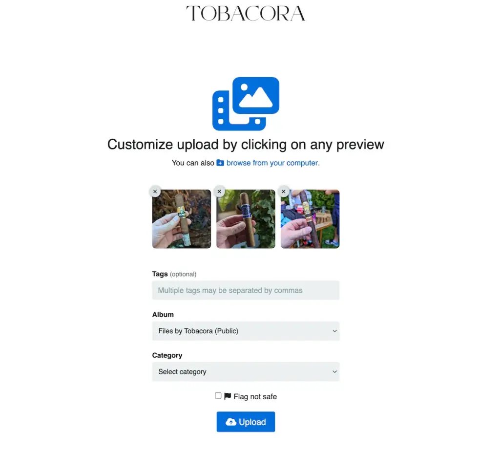 Tobacora upload window showing several selected image thumbnails ready for upload.